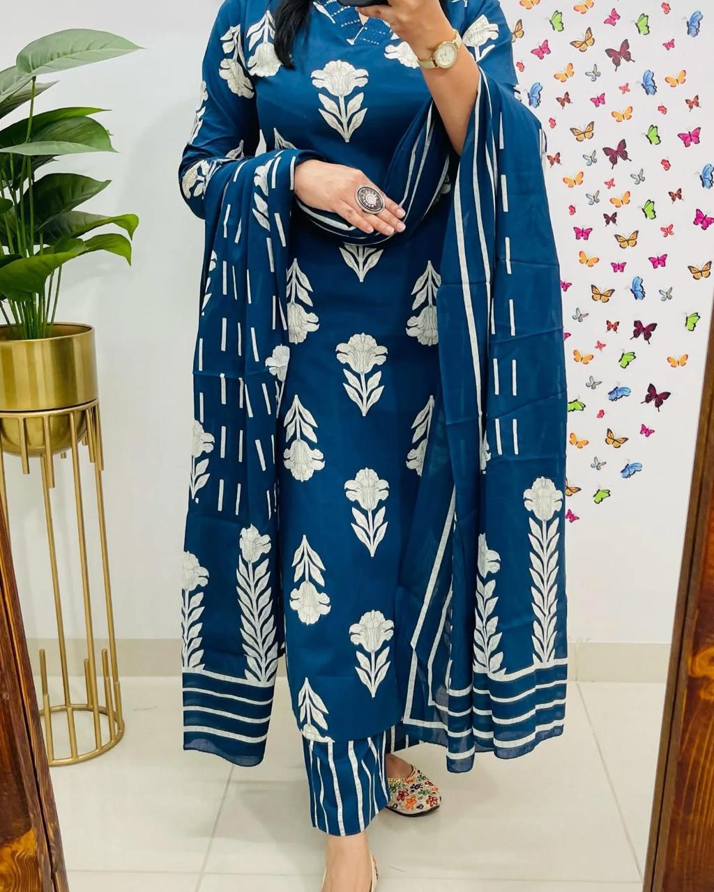 Blue Designer Azrak Print Cotton Suit