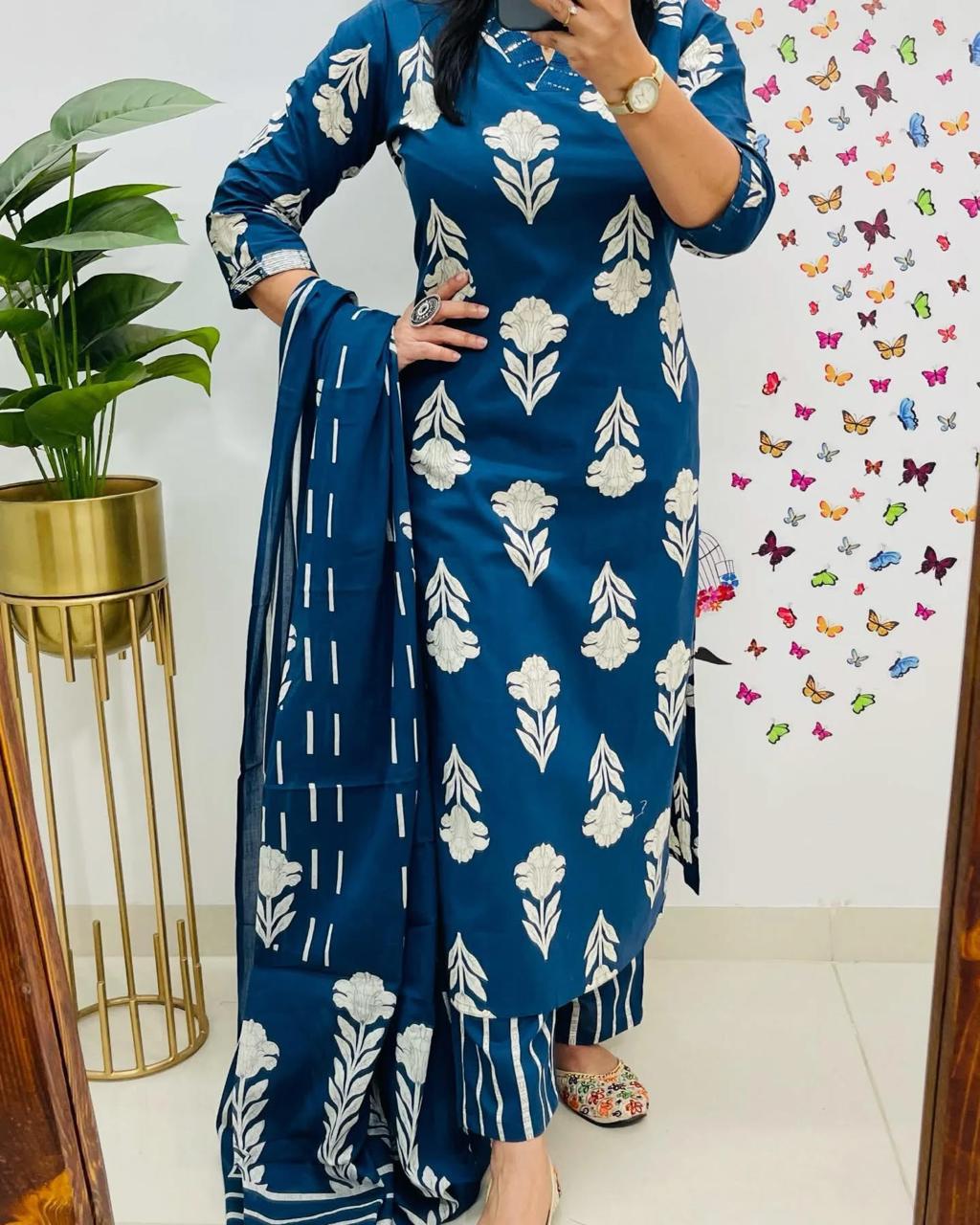 Blue Designer Azrak Print Cotton Suit