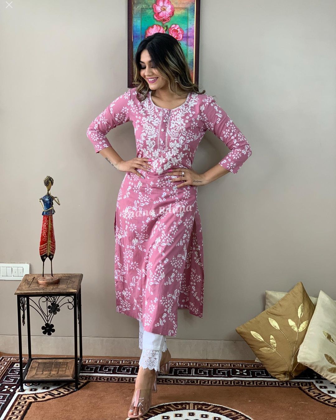 Pink Chikankari Embroidered Kurti with Pant