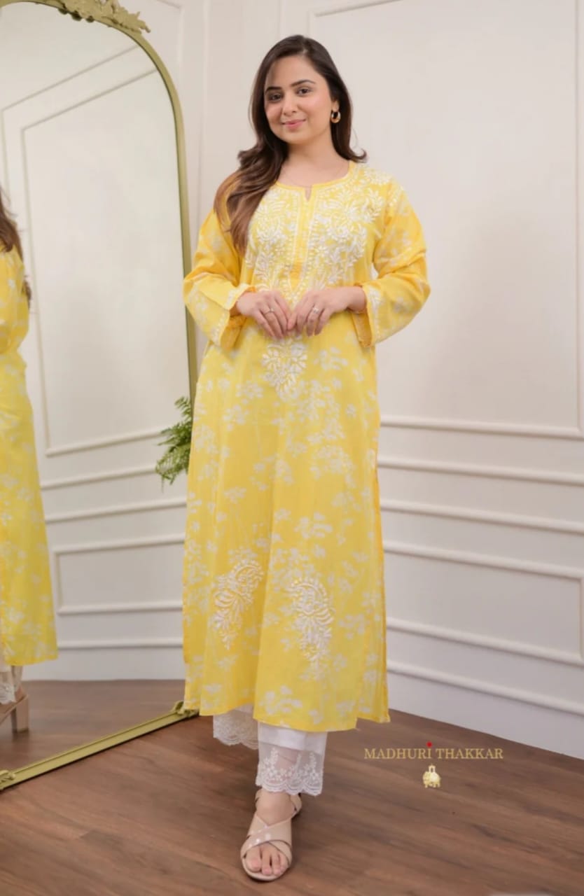 Chikankari Embroidered Kurti with Pant (Yellow)