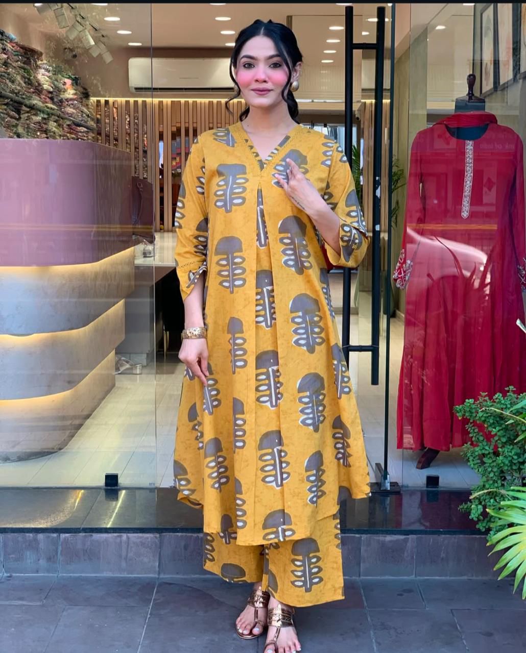 Pure Cotton Kurta Set For Women(Yellow)
