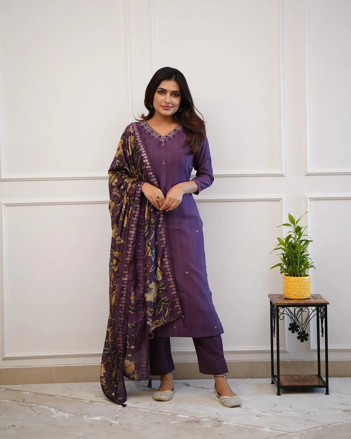 Purple Cotton Kurta and Pant with Dupatta Set