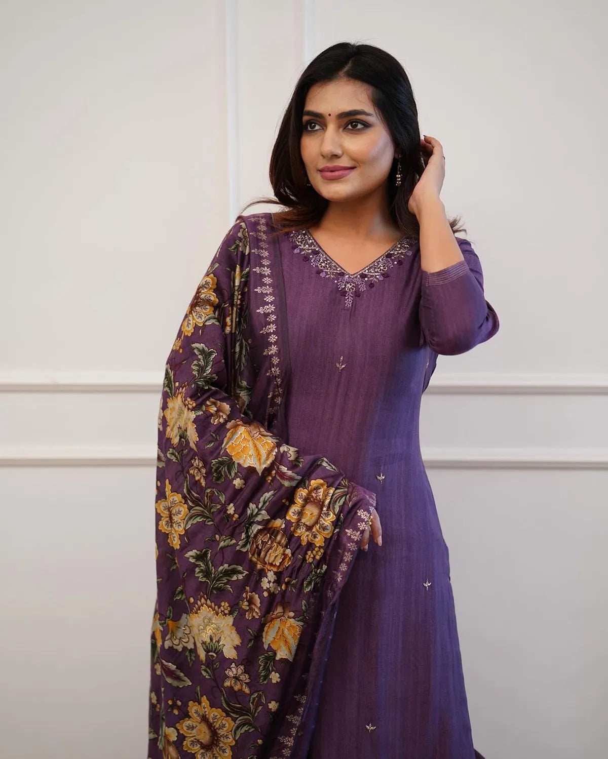 Purple Cotton Kurta and Pant with Dupatta Set
