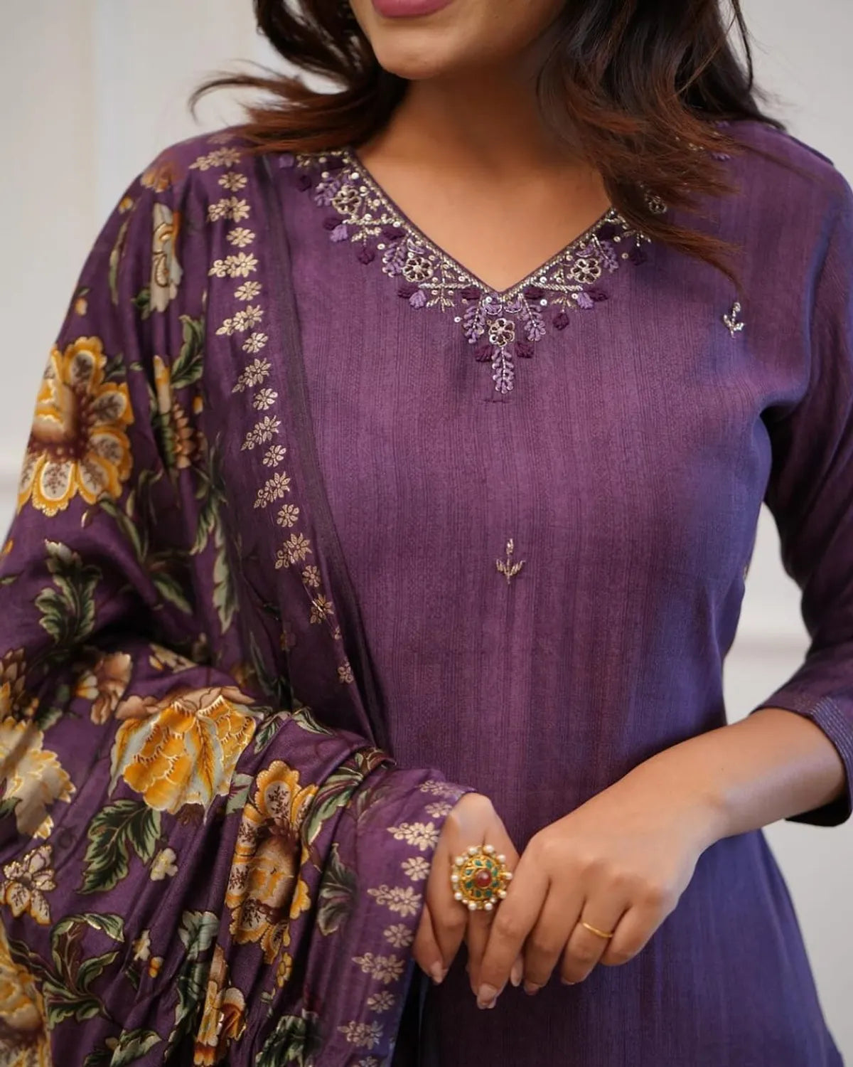 Purple Cotton Kurta and Pant with Dupatta Set