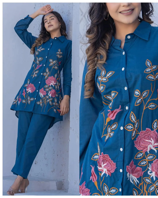 Blue Embroidery Designer Coord Set