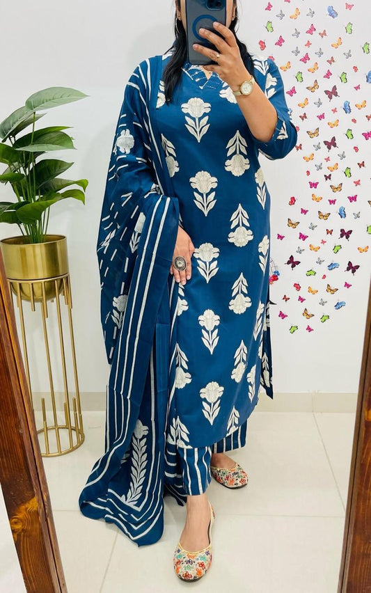 Blue Designer Azrak Print Cotton Suit