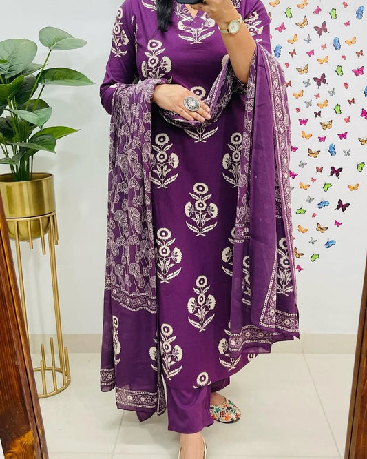 Dark Purple Designer Azrak Print Cotton Suit