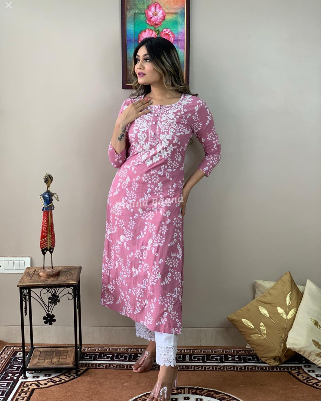 Pink Chikankari Embroidered Kurti with Pant