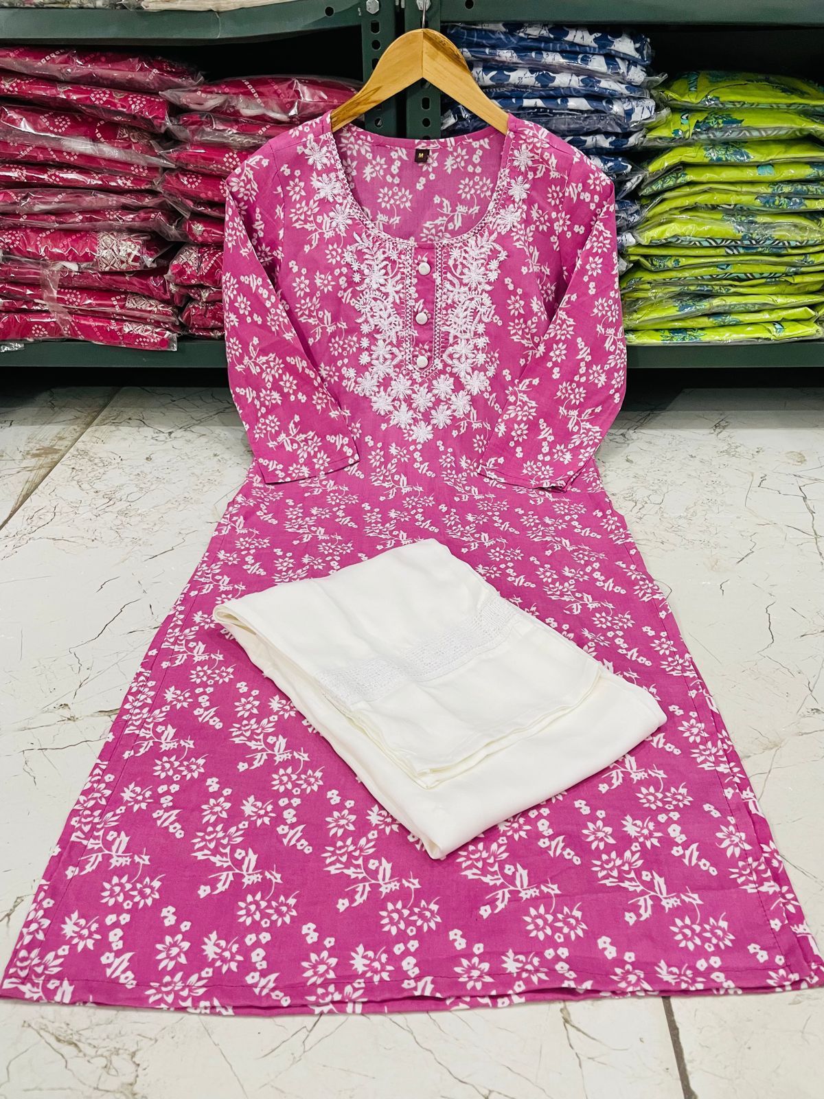 Pink Chikankari Embroidered Kurti with Pant