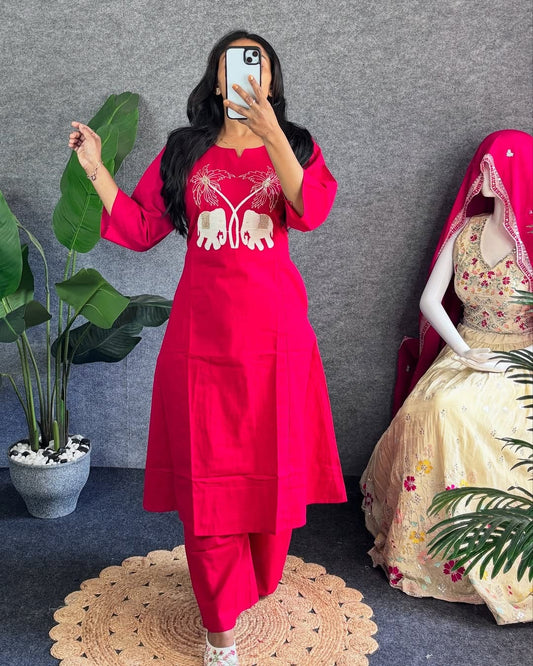 Pink Embroidered Kurti Pant Set