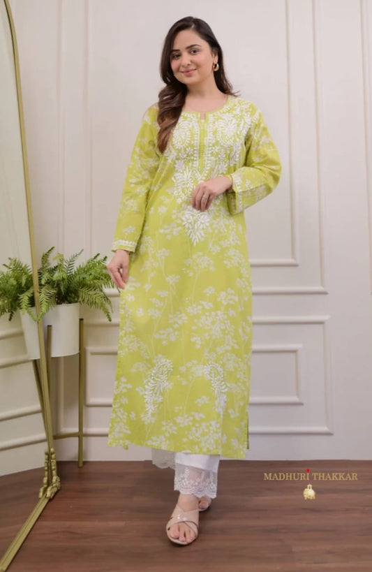 Chikankari Embroidered Kurti with Pant (Green)