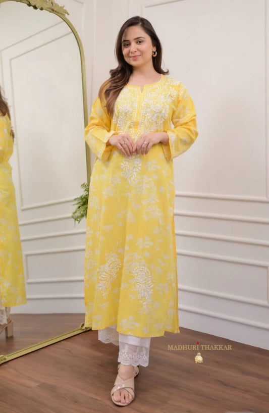 Chikankari Embroidered Kurti with Pant (Yellow)