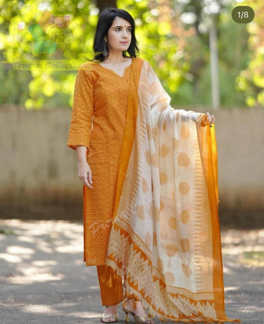 Chikankari Embroidered Kurti with Pant And Duptta Set (Yellow)