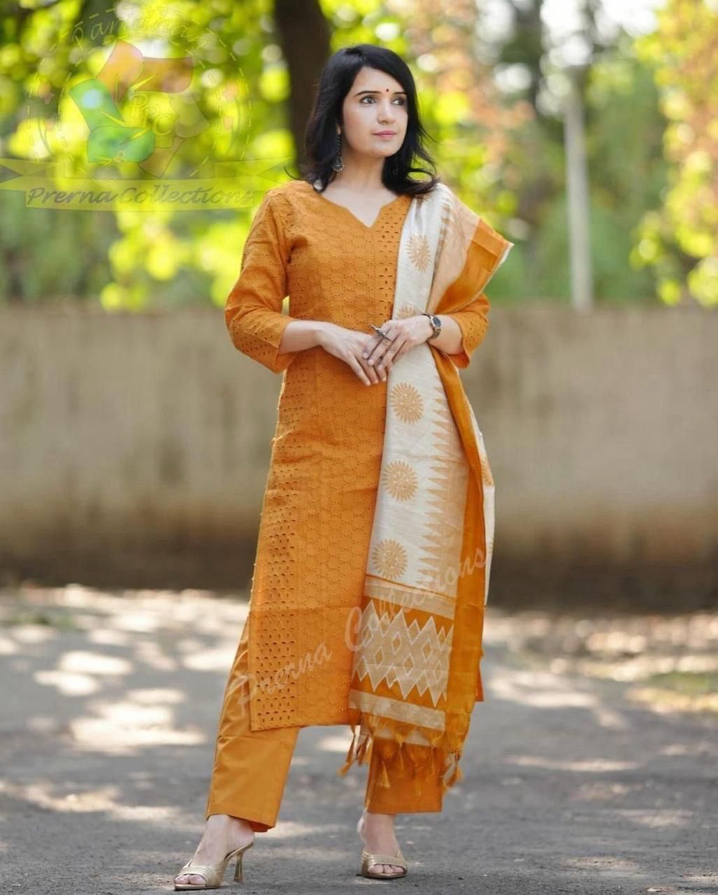 Chikankari Embroidered Kurti with Pant And Duptta Set (Yellow)