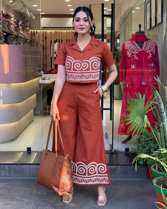Rust Floral Printed Regular Kurta with Trousers