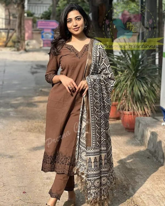 Coffee Cotton Slub Kurta and Pant Set