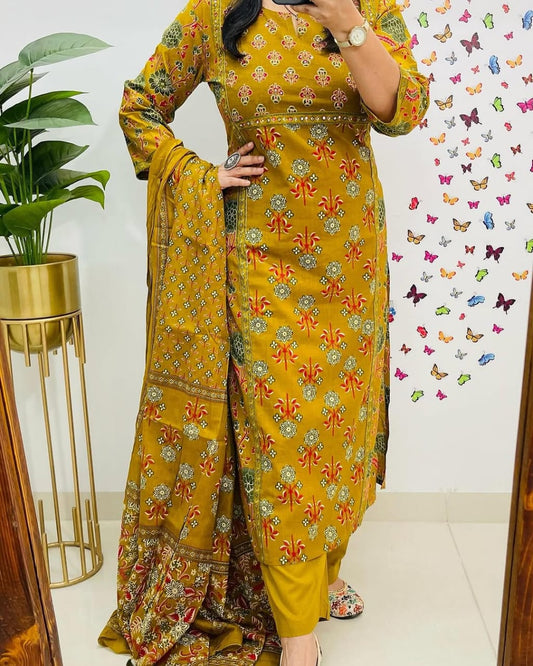 Yellow Designer Handblock Print Kurti Pant and Dupatta Set
