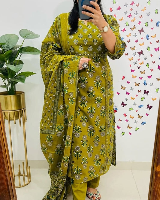 Green Designer Handblock Print Kurti Pant and Dupatta Set