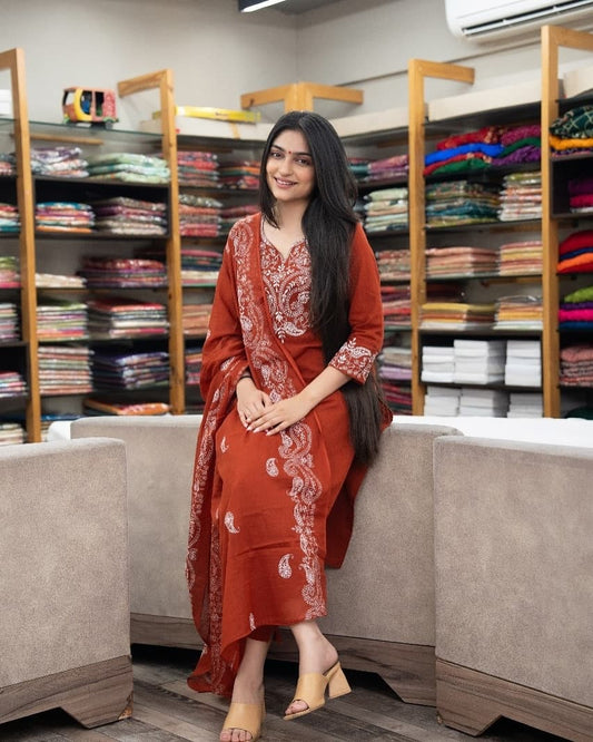 Cotton Printed Kurta Pant Dupatta Set With Embroidery