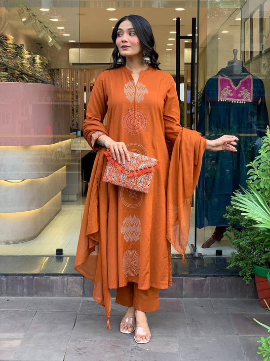 Orange Embroidery Work Kurta Pant and Dupatta Set
